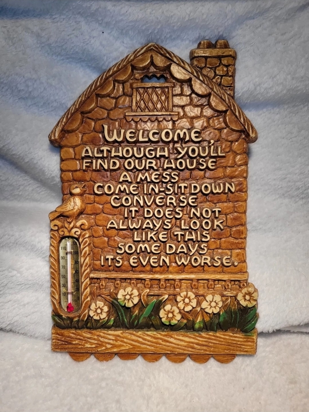 Welcome House Wall Plaque with Thermometer - Brown